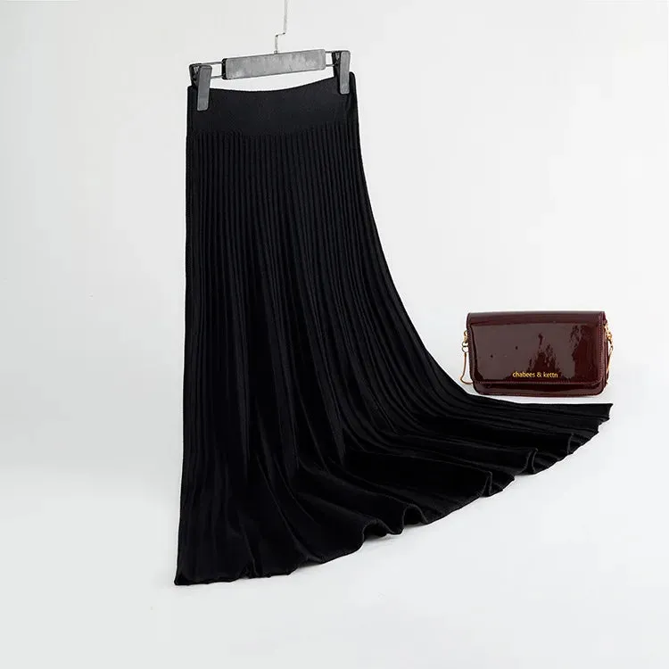 Pleated Vertical Striped Midi Skirts Chic High Waist