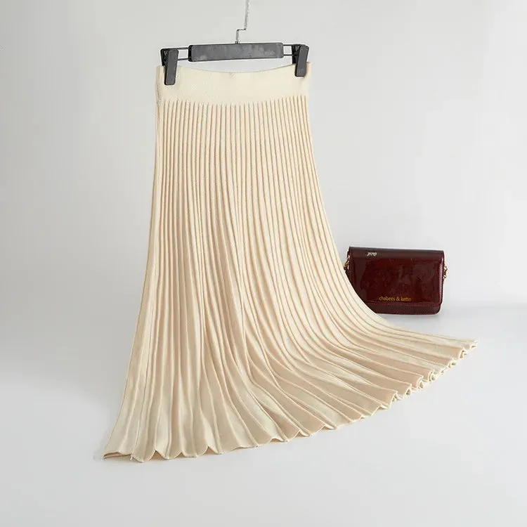 Pleated Vertical Striped Midi Skirts Chic High Waist