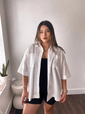 Short sleeve oversized boyfriend woven button down shirt