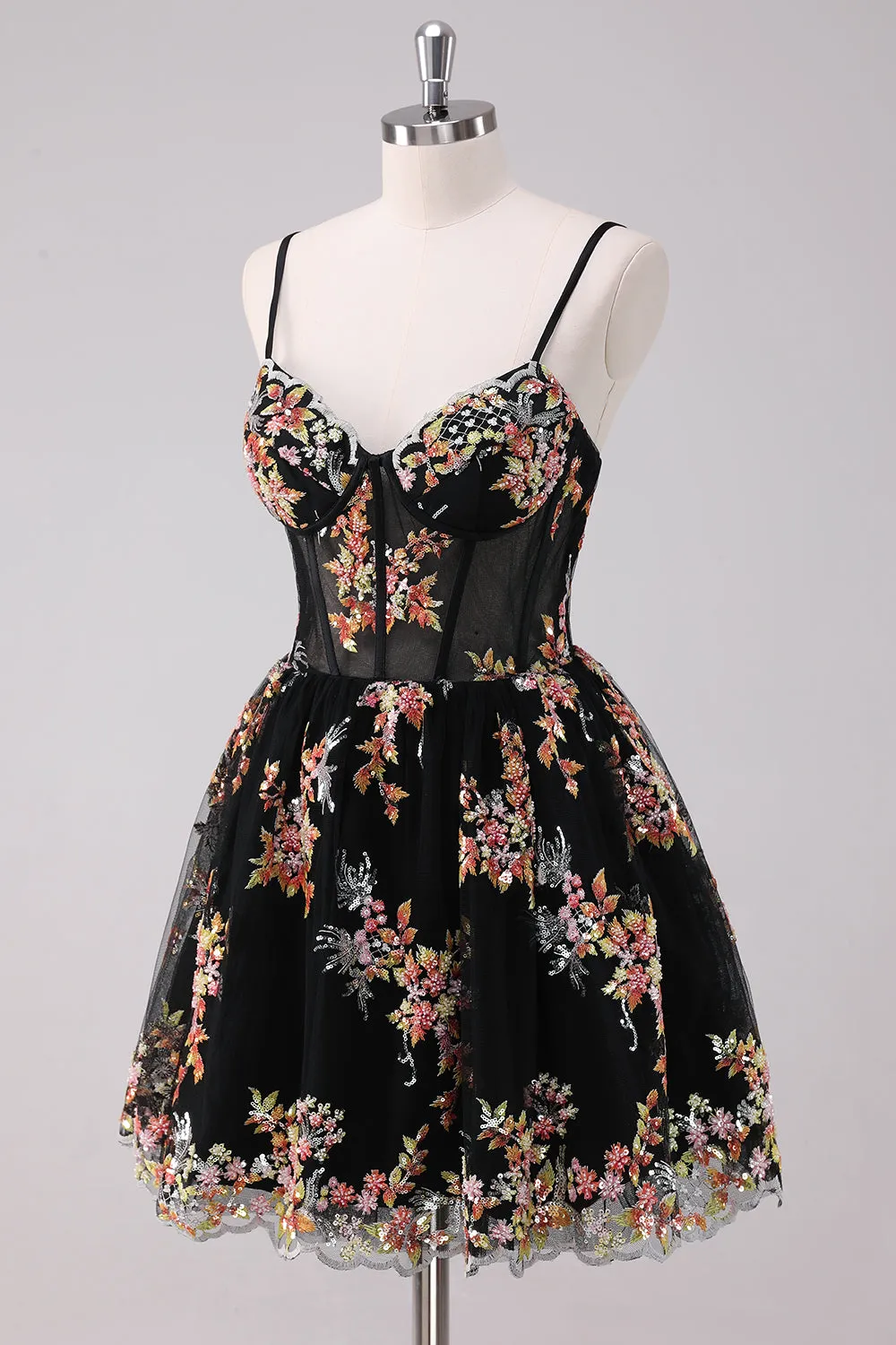 Sparkly Black A-Line Floral Mini Dress