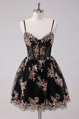 Sparkly Black A-Line Floral Mini Dress