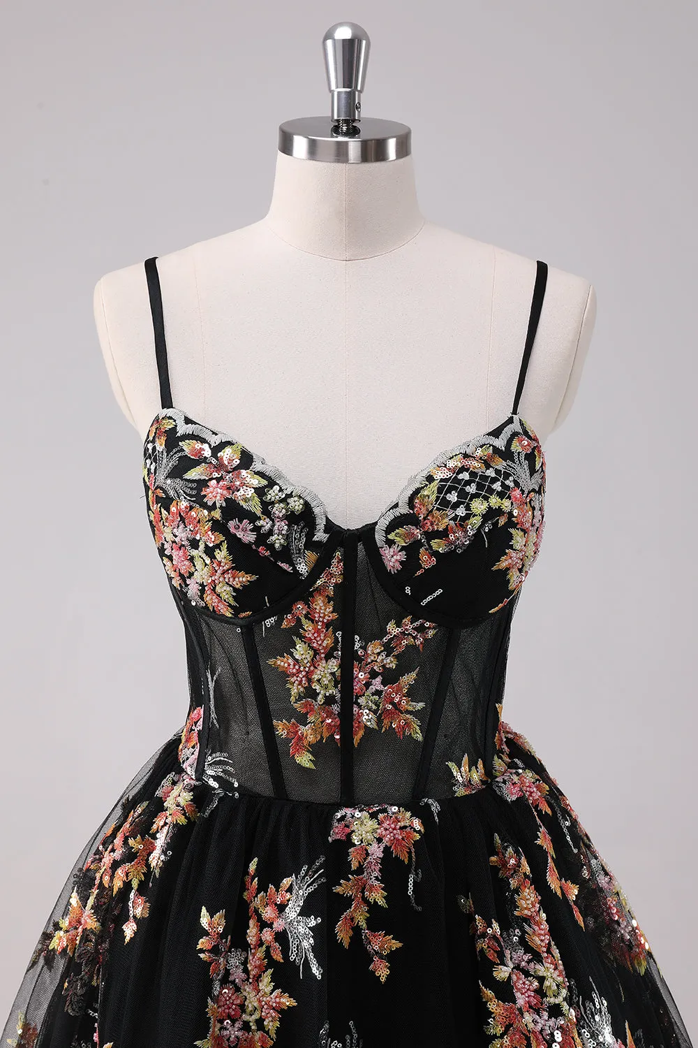 Sparkly Black A-Line Floral Mini Dress