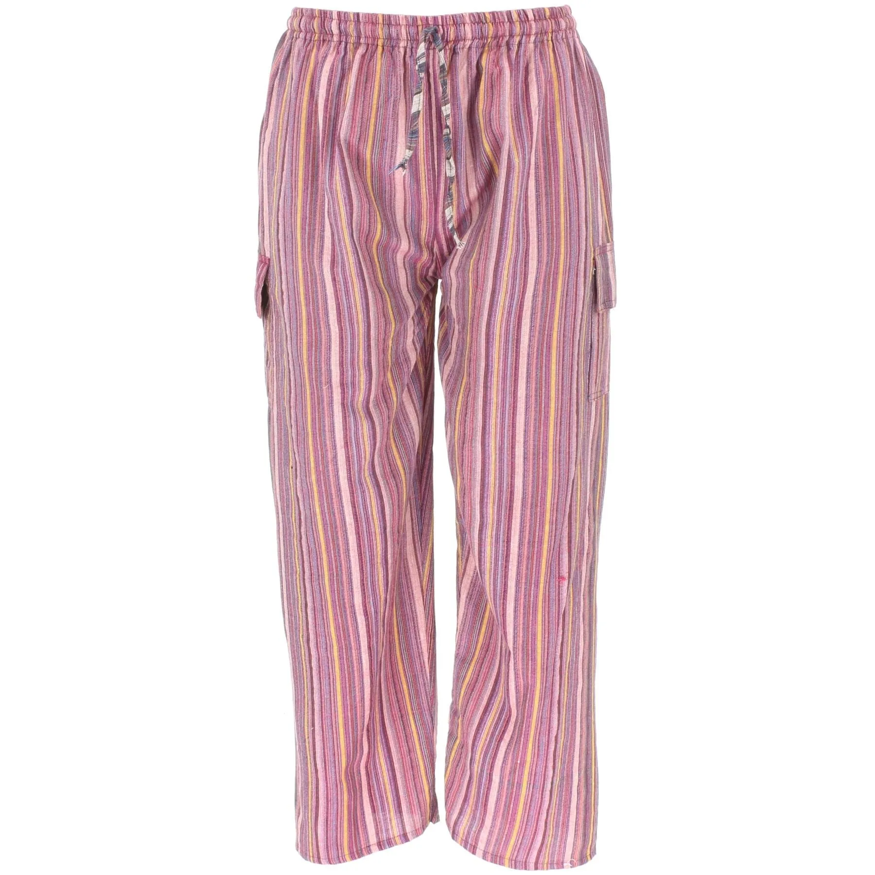 Striped Cotton Cargo Trousers Pants - Bright Pink