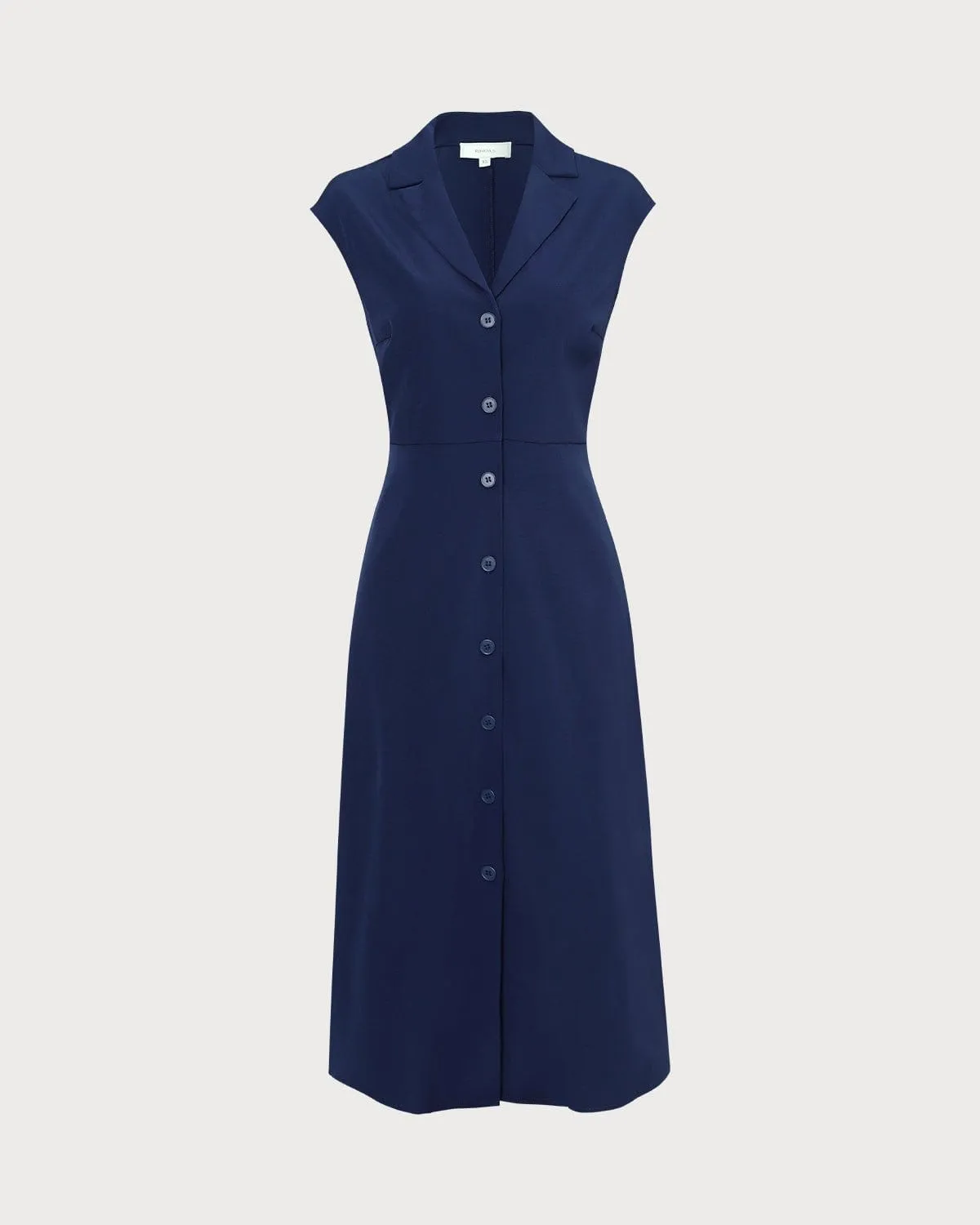 The Navy V Neck Button Cap Sleeve Midi Dress