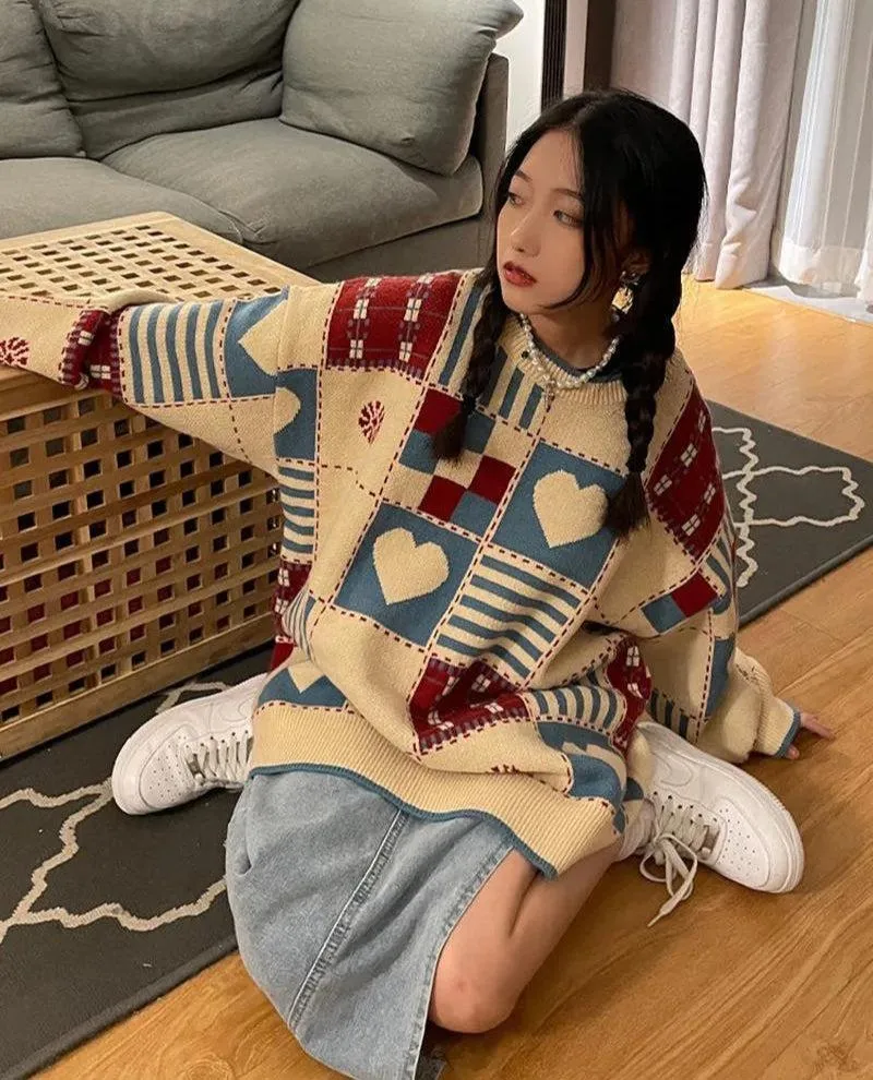 Vintage Heart Pattern Sweater