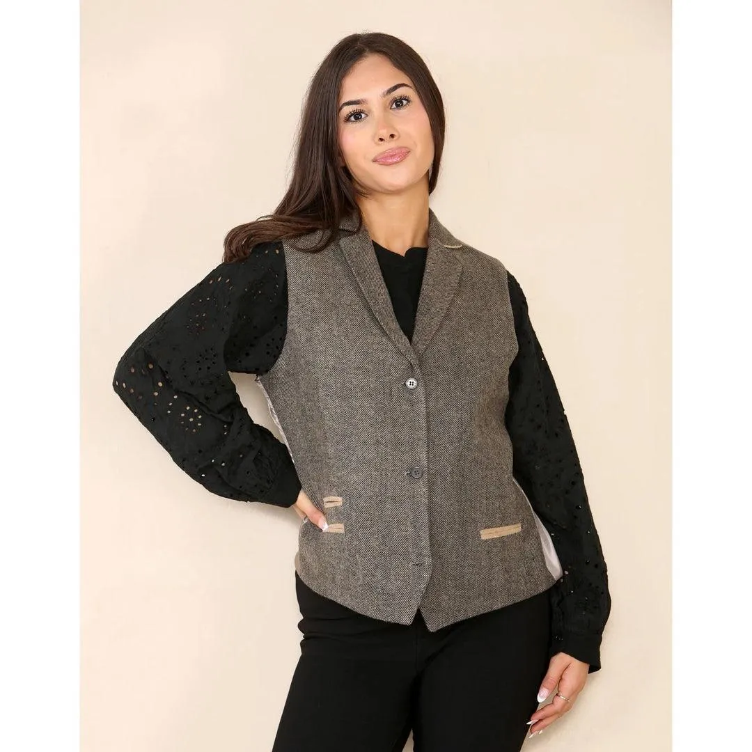 Womens Herringbone Tweed Waistcoat Blazer Oak Brown Classic Vintage Shooting Jacket