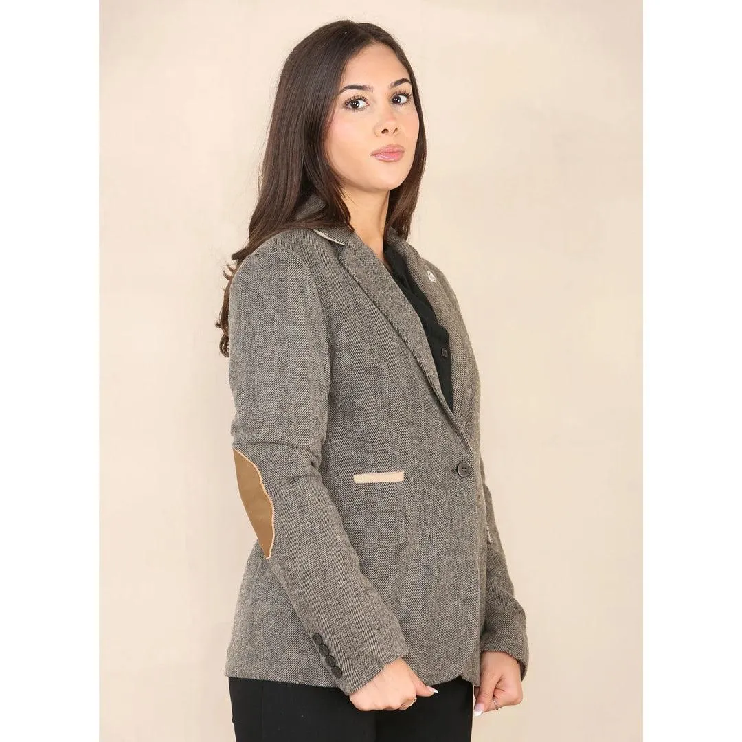 Womens Herringbone Tweed Waistcoat Blazer Oak Brown Classic Vintage Shooting Jacket