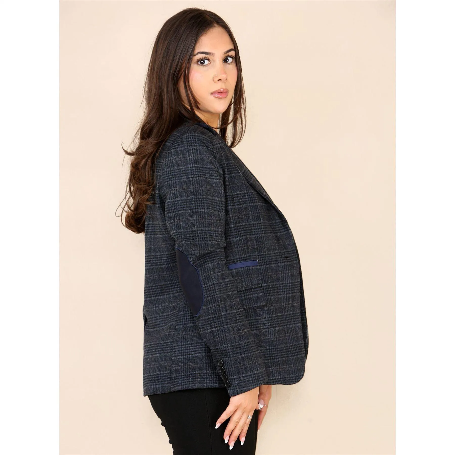 Womens Tweed Check Waistcoat Blazer Suit Navy Blue Classic Vintage Elboy Patch 1920s