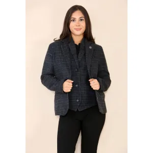 Womens Tweed Check Waistcoat Blazer Suit Navy Blue Classic Vintage Elboy Patch 1920s