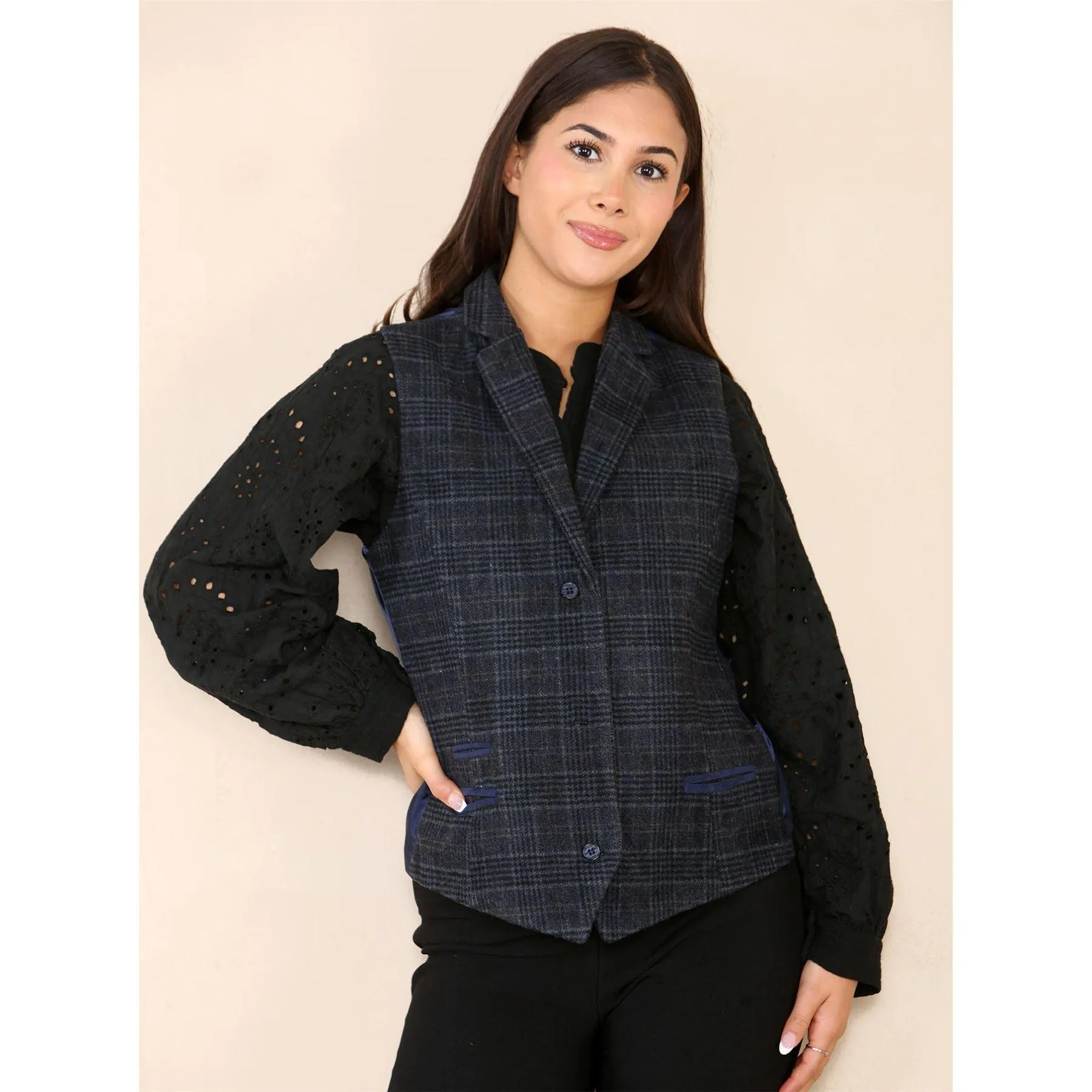 Womens Tweed Check Waistcoat Blazer Suit Navy Blue Classic Vintage Elboy Patch 1920s