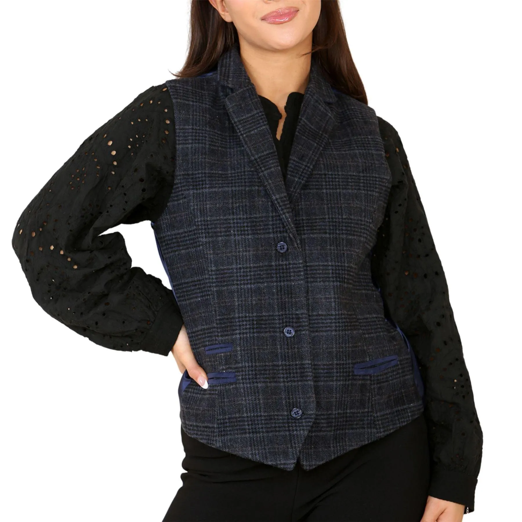 Womens Tweed Check Waistcoat Blazer Suit Navy Blue Classic Vintage Elboy Patch 1920s