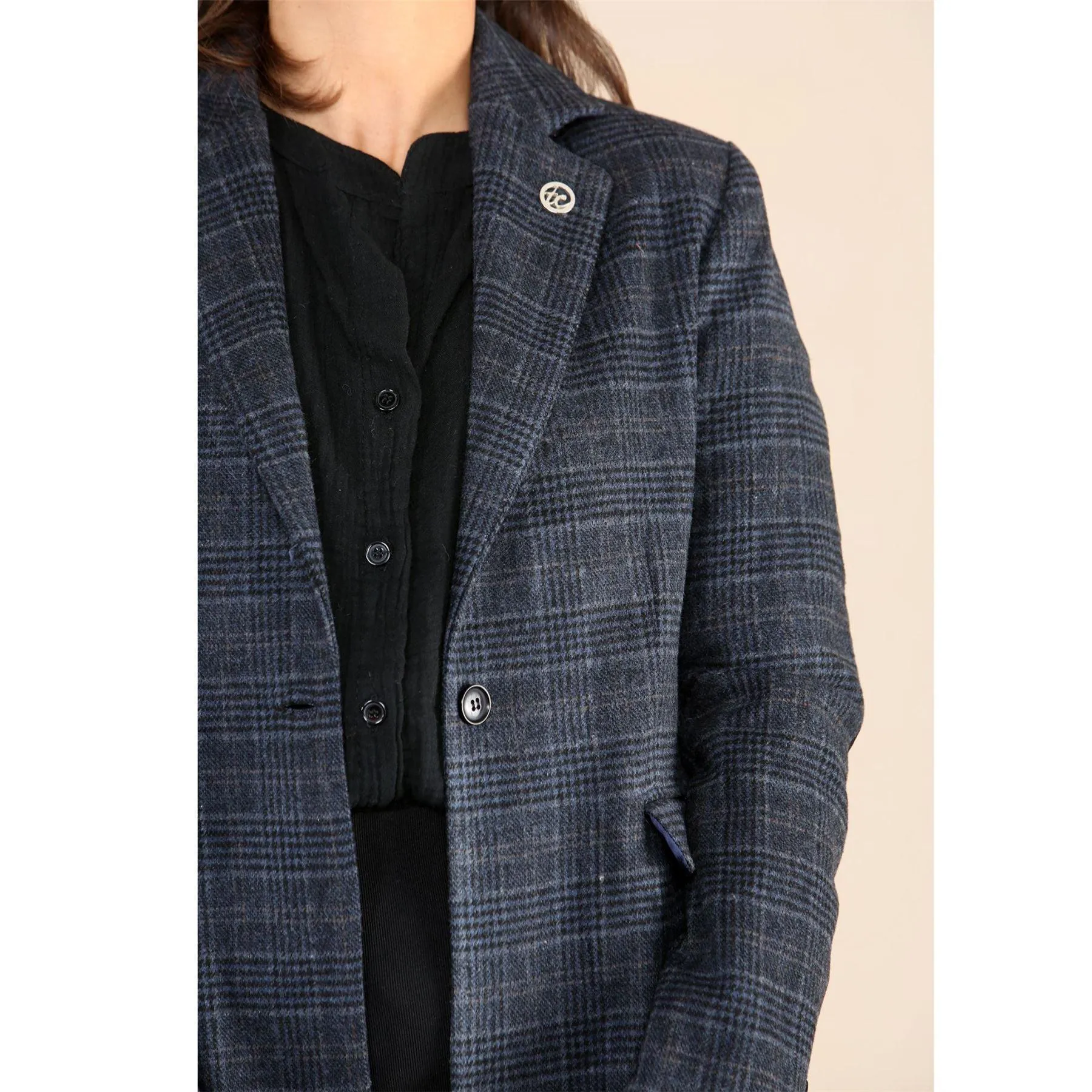 Womens Tweed Check Waistcoat Blazer Suit Navy Blue Classic Vintage Elboy Patch 1920s