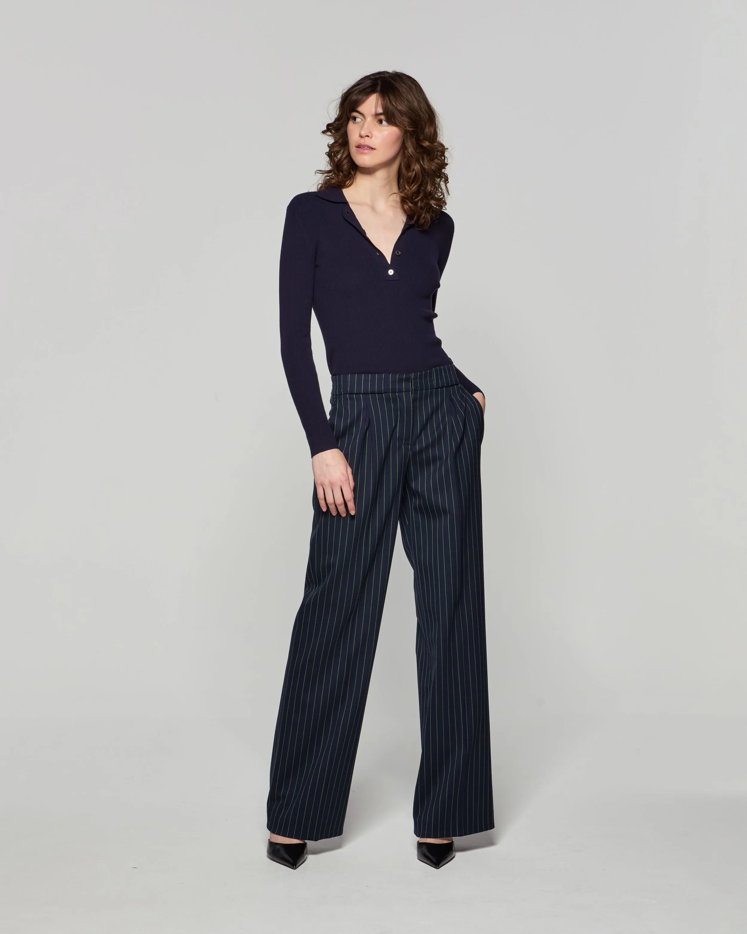 Wool Pinstripe Pleated Trouser - Navy/Green