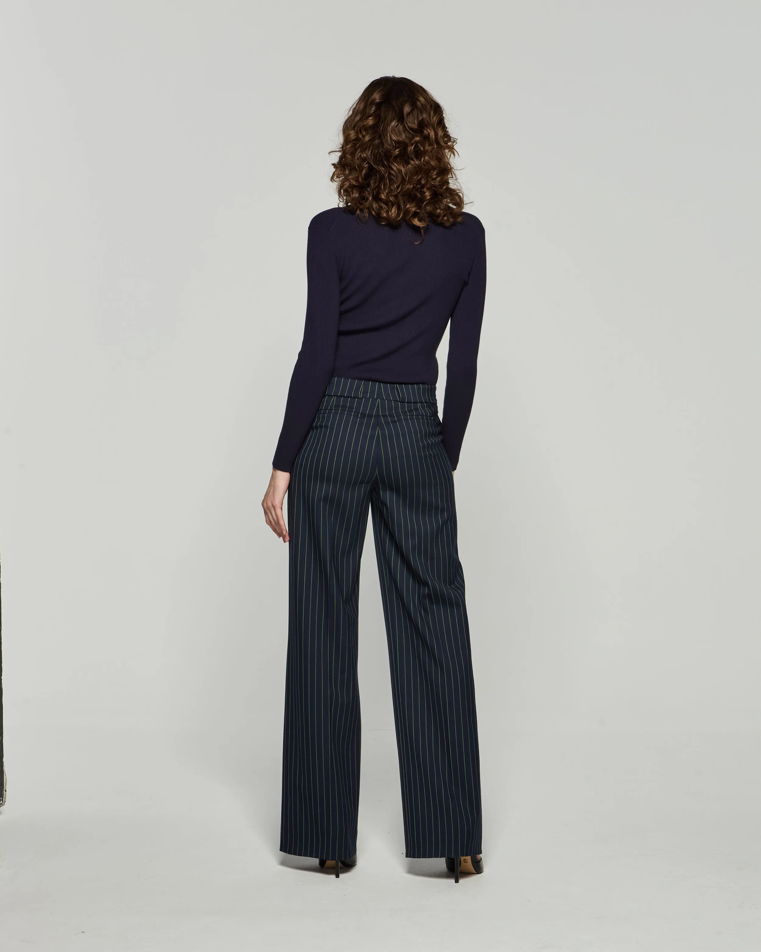 Wool Pinstripe Pleated Trouser - Navy/Green