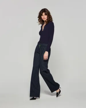 Wool Pinstripe Pleated Trouser - Navy/Green