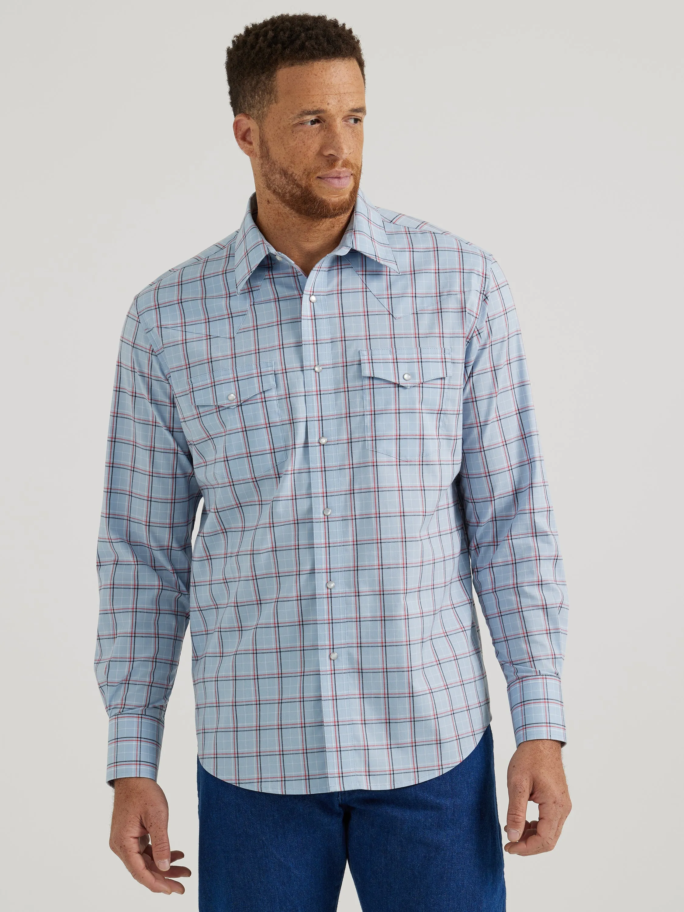 Wrangler Wrinkle Resist Light Blue Plaid Western Snap Shirt for Men