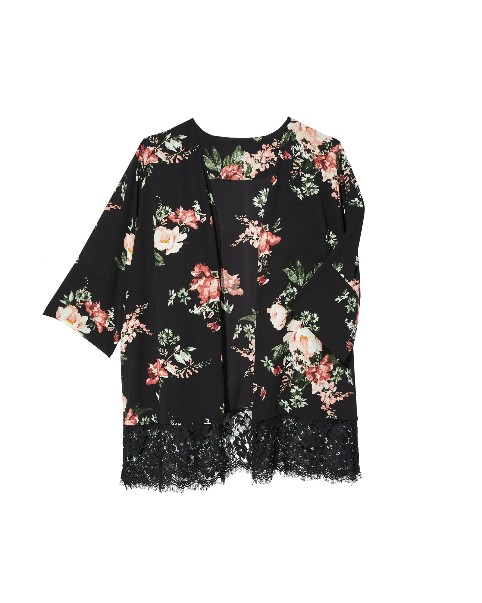 Zoey Printed Kimono With Lace Hem | Black / Red