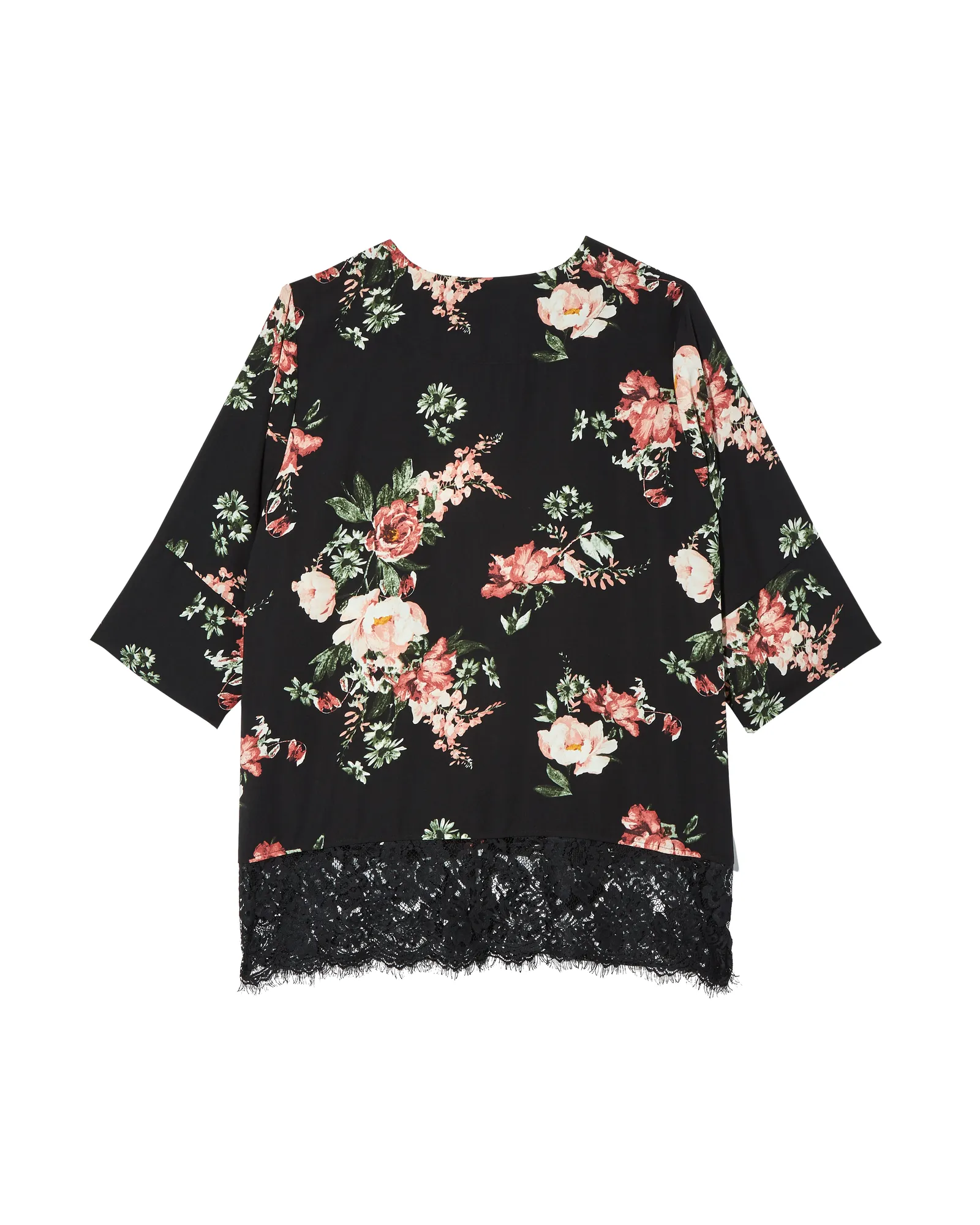 Zoey Printed Kimono With Lace Hem | Black / Red