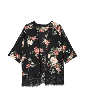 Zoey Printed Kimono With Lace Hem | Black / Red